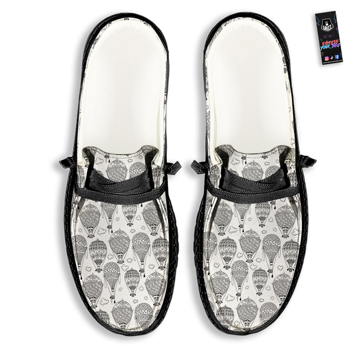 Balloon White And Black Print Pattern Black Loafers-grizzshop