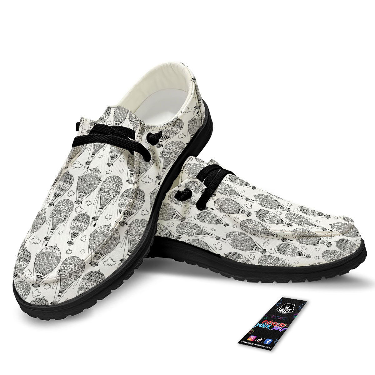 Balloon White And Black Print Pattern Black Loafers-grizzshop