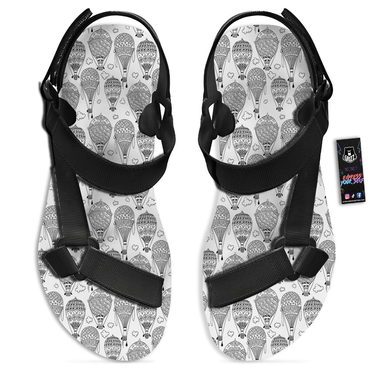 Balloon White And Black Print Pattern Black Open Toe Sandals-grizzshop