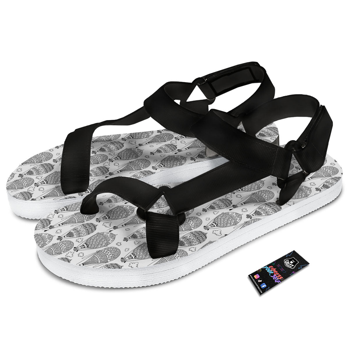 Balloon White And Black Print Pattern Black Open Toe Sandals-grizzshop