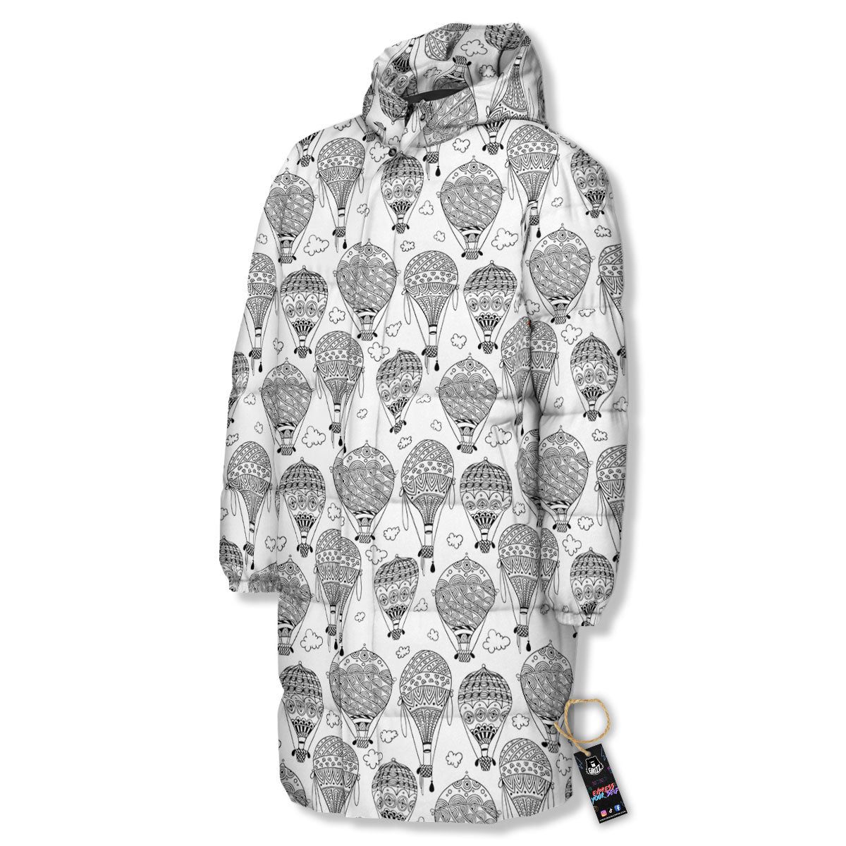 Balloon White And Black Print Pattern Long Down Jacket-grizzshop