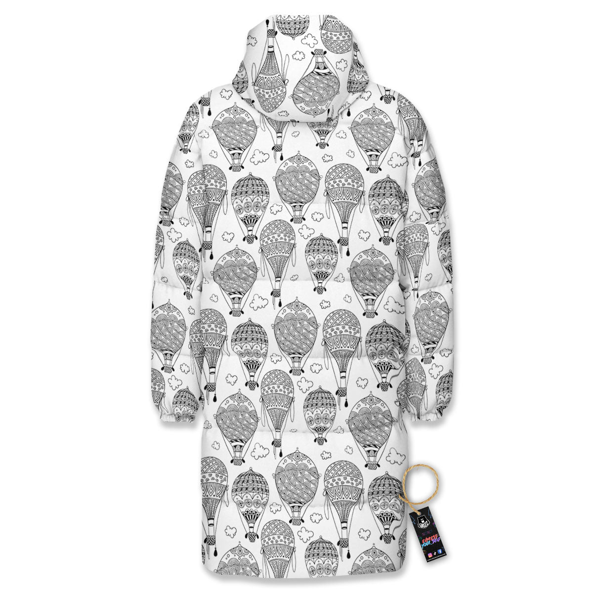 Balloon White And Black Print Pattern Long Down Jacket-grizzshop