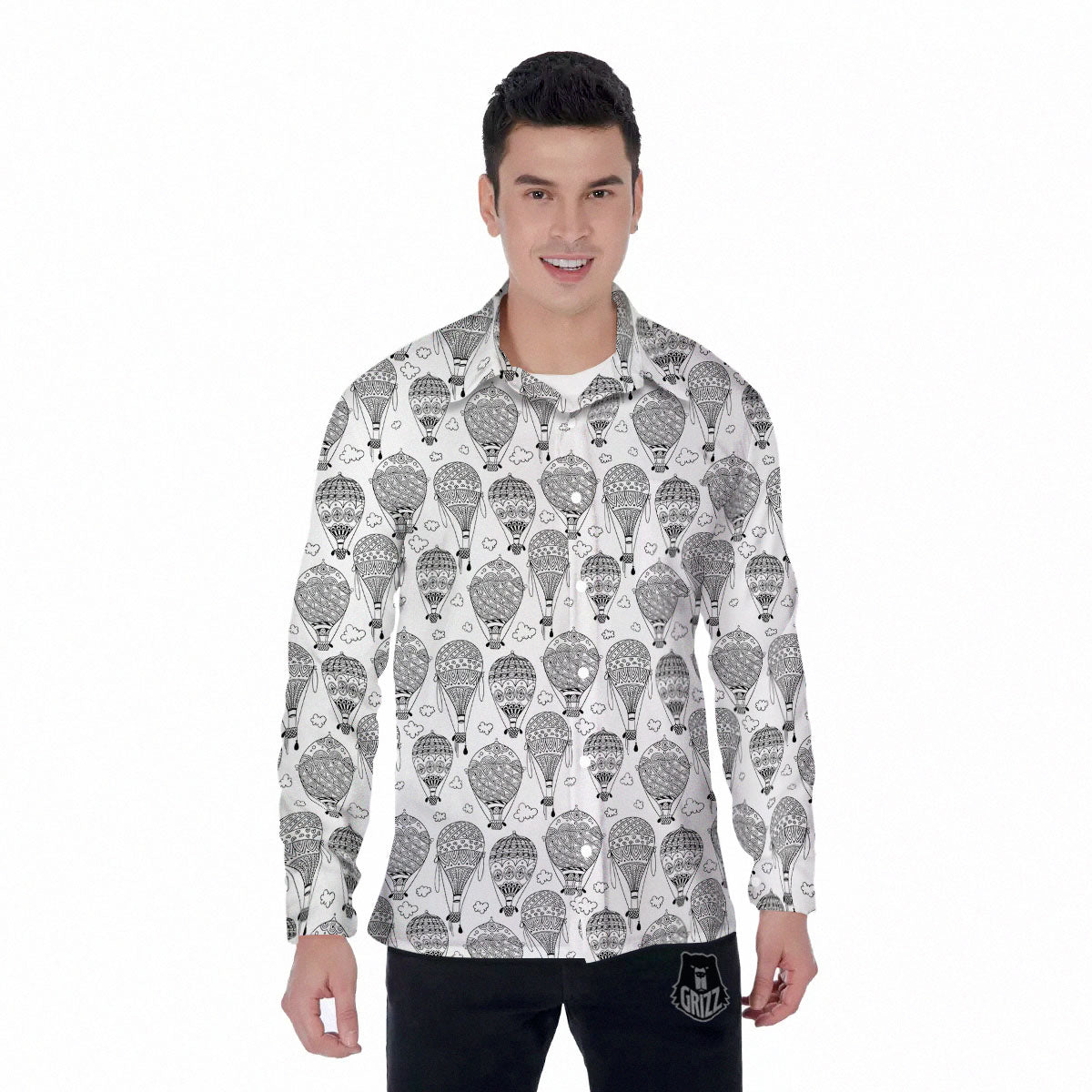 Balloon White And Black Print Pattern Men's Long Sleeve Shirts-grizzshop