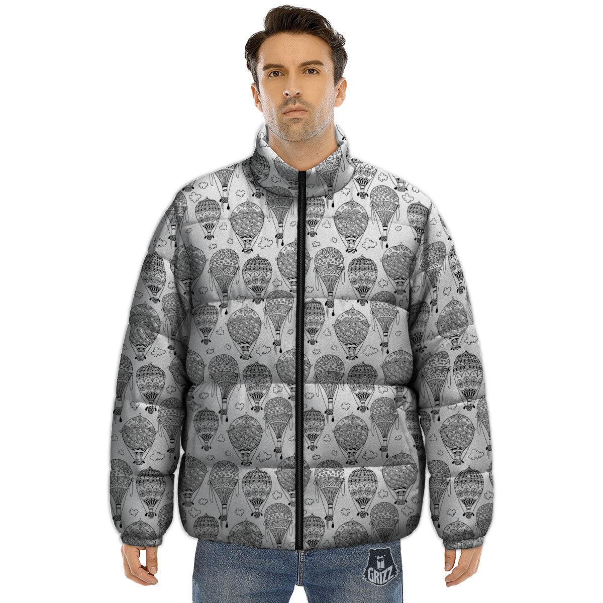 Balloon White And Black Print Pattern Puffer Jacket-grizzshop