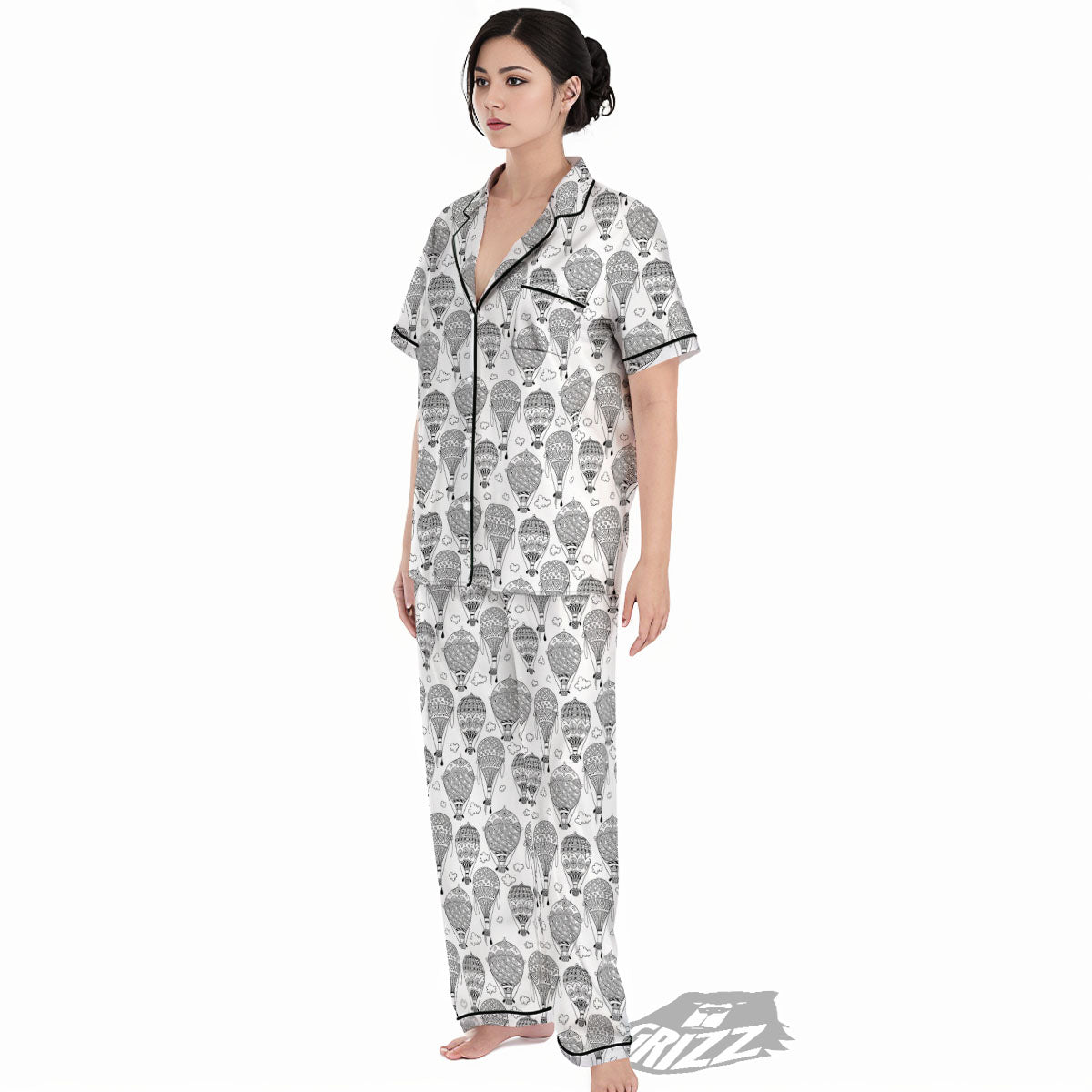Balloon White And Black Print Pattern Women's Pajamas Set-grizzshop