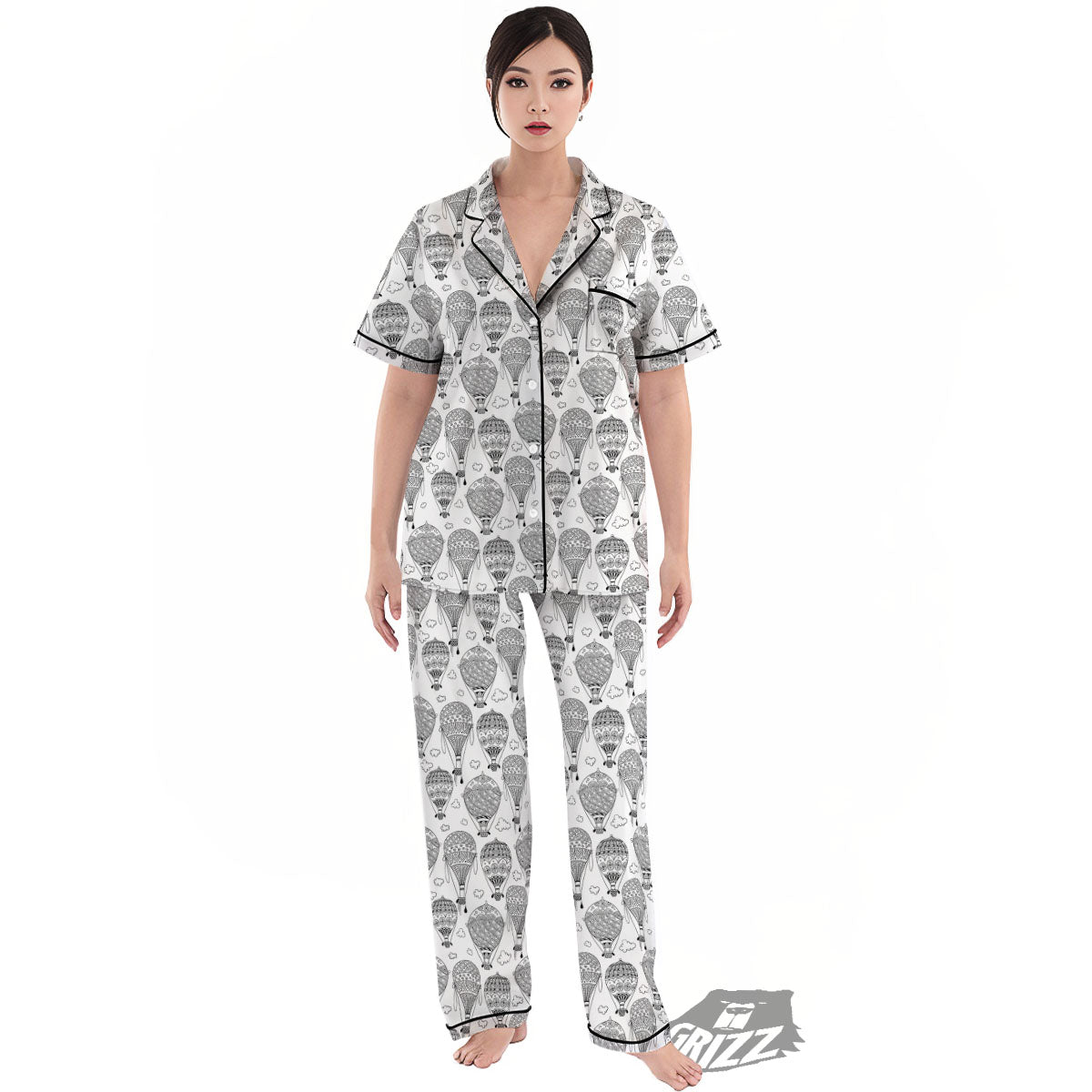 Balloon White And Black Print Pattern Women's Pajamas Set-grizzshop