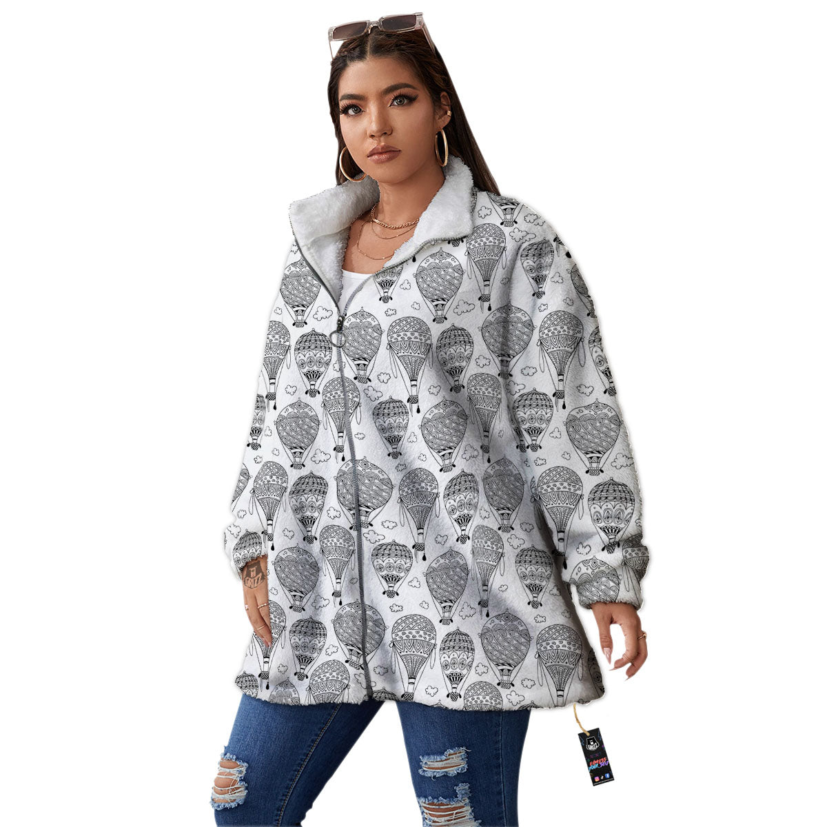 Balloon White And Black Print Pattern Women's Sherpa Jacket-grizzshop
