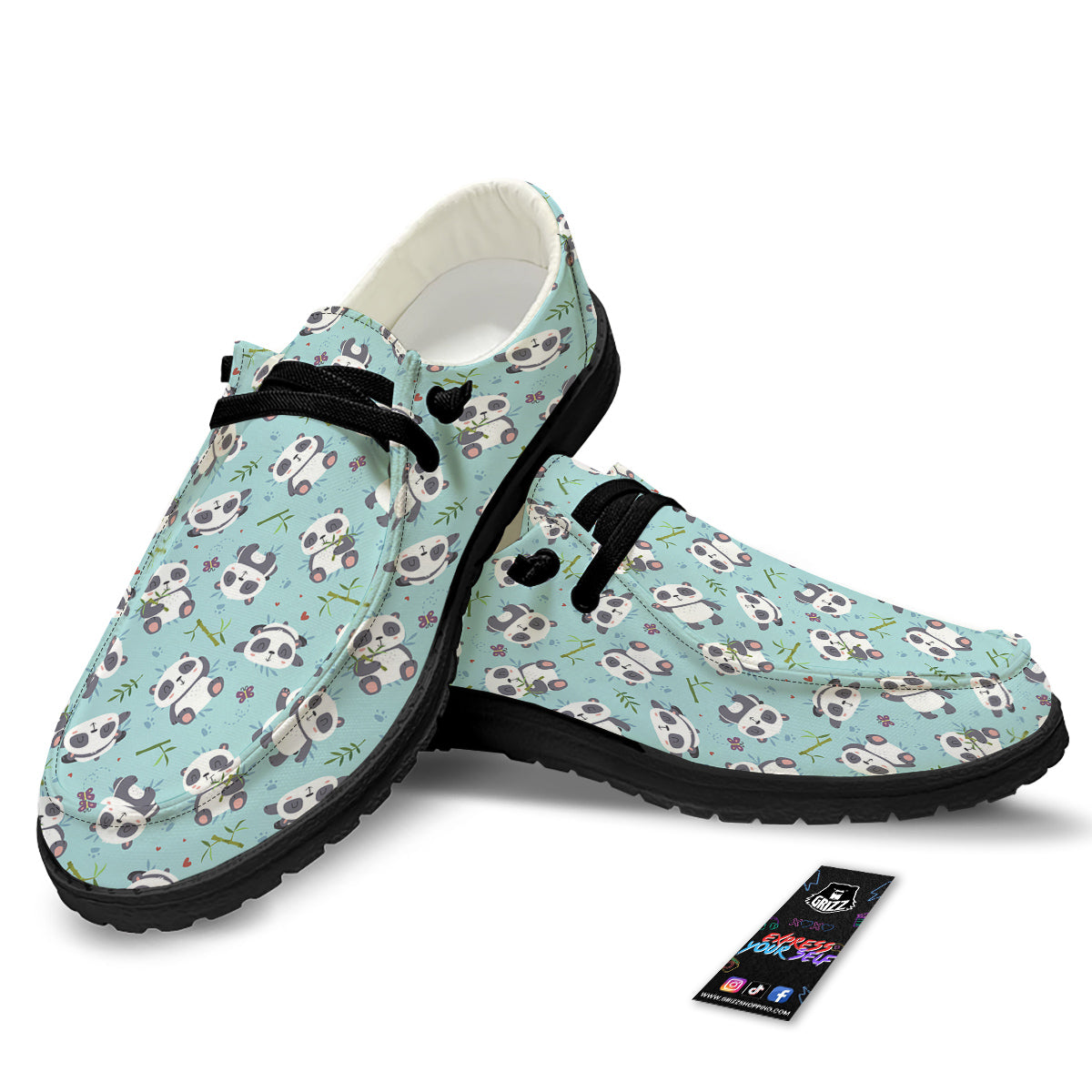 Bamboo And Cute Panda Print Pattern Black Loafers-grizzshop