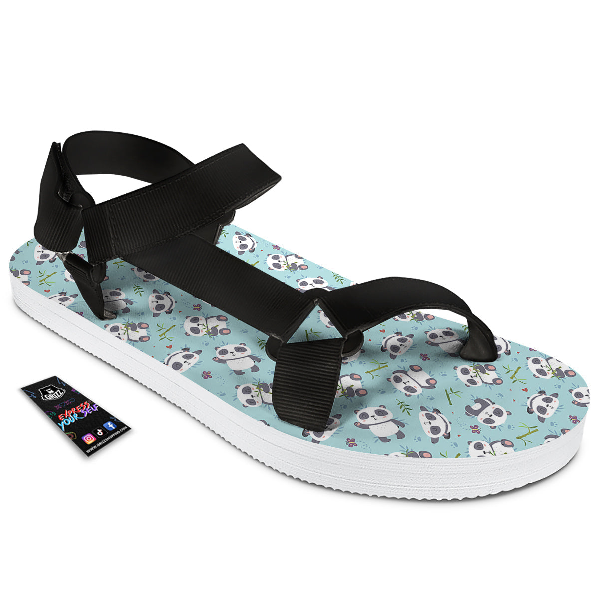 Bamboo And Cute Panda Print Pattern Black Open Toe Sandals-grizzshop