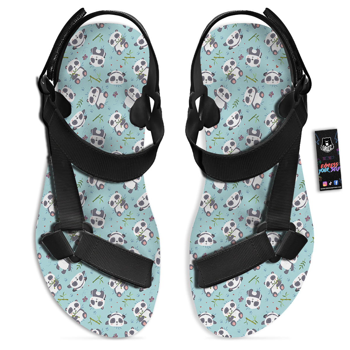 Bamboo And Cute Panda Print Pattern Black Open Toe Sandals-grizzshop