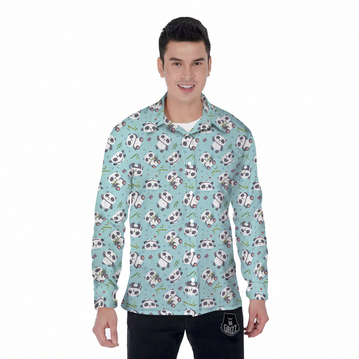 Bamboo And Cute Panda Print Pattern Men's Long Sleeve Shirts-grizzshop