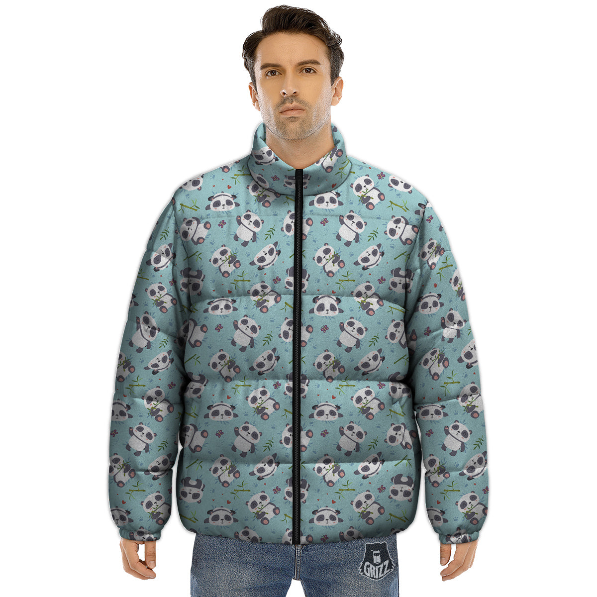Bamboo And Cute Panda Print Pattern Puffer Jacket-grizzshop
