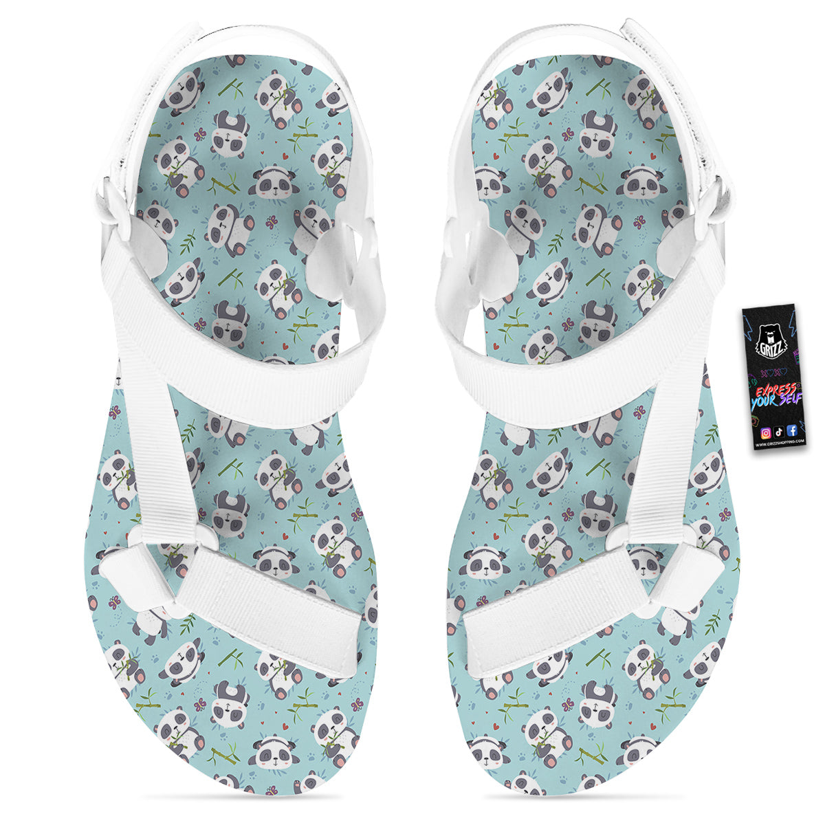 Bamboo And Cute Panda Print Pattern White Open Toe Sandals-grizzshop