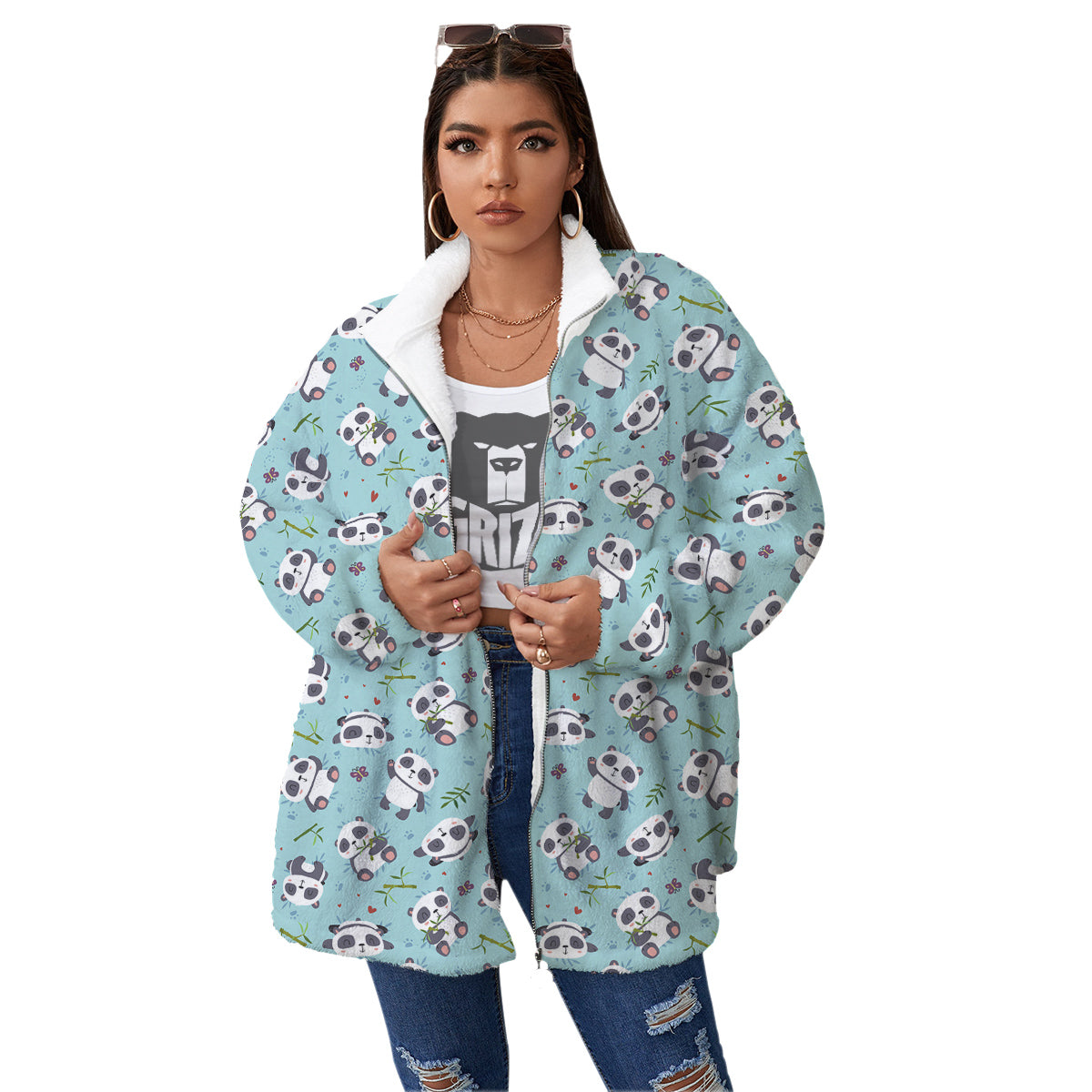 Bamboo And Cute Panda Print Pattern Women's Sherpa Jacket-grizzshop