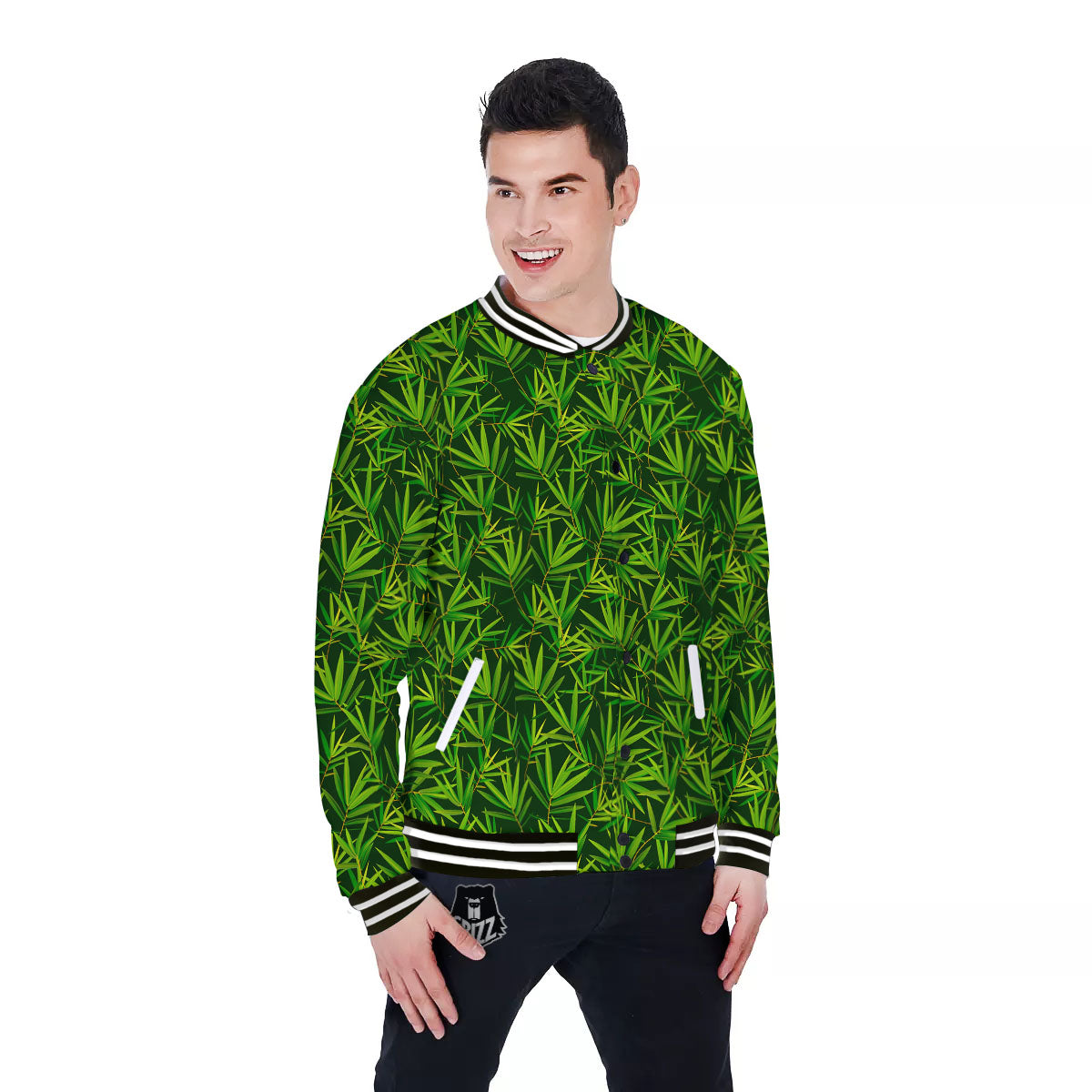 Bamboo Leaf Green Print Pattern Baseball Jacket-grizzshop
