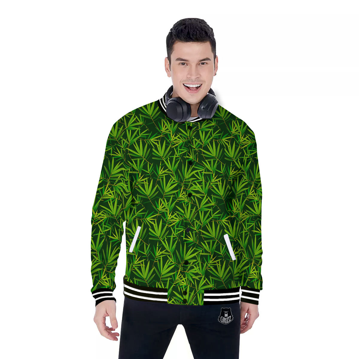 Bamboo Leaf Green Print Pattern Baseball Jacket-grizzshop