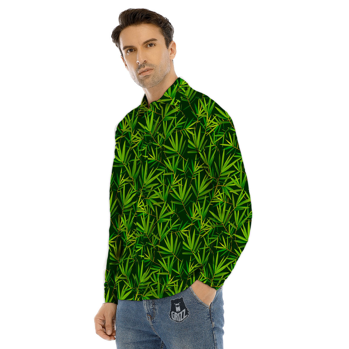 Bamboo Leaf Green Print Pattern Men's Dress Shirts-grizzshop