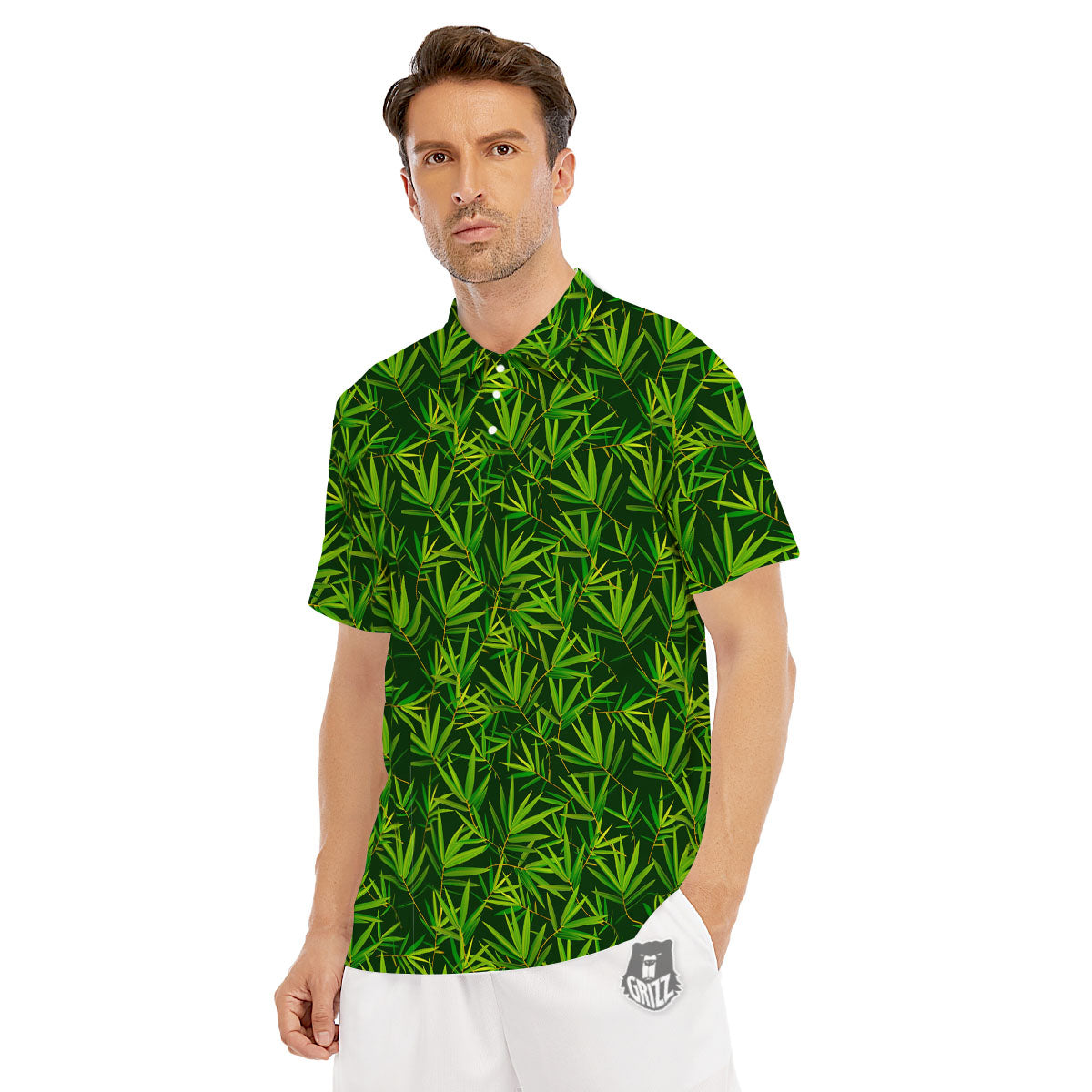 Bamboo Leaf Green Print Pattern Men's Golf Shirts-grizzshop