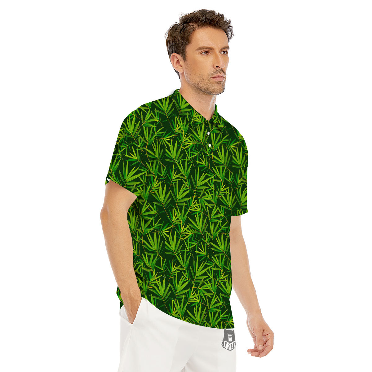 Bamboo Leaf Green Print Pattern Men's Golf Shirts-grizzshop