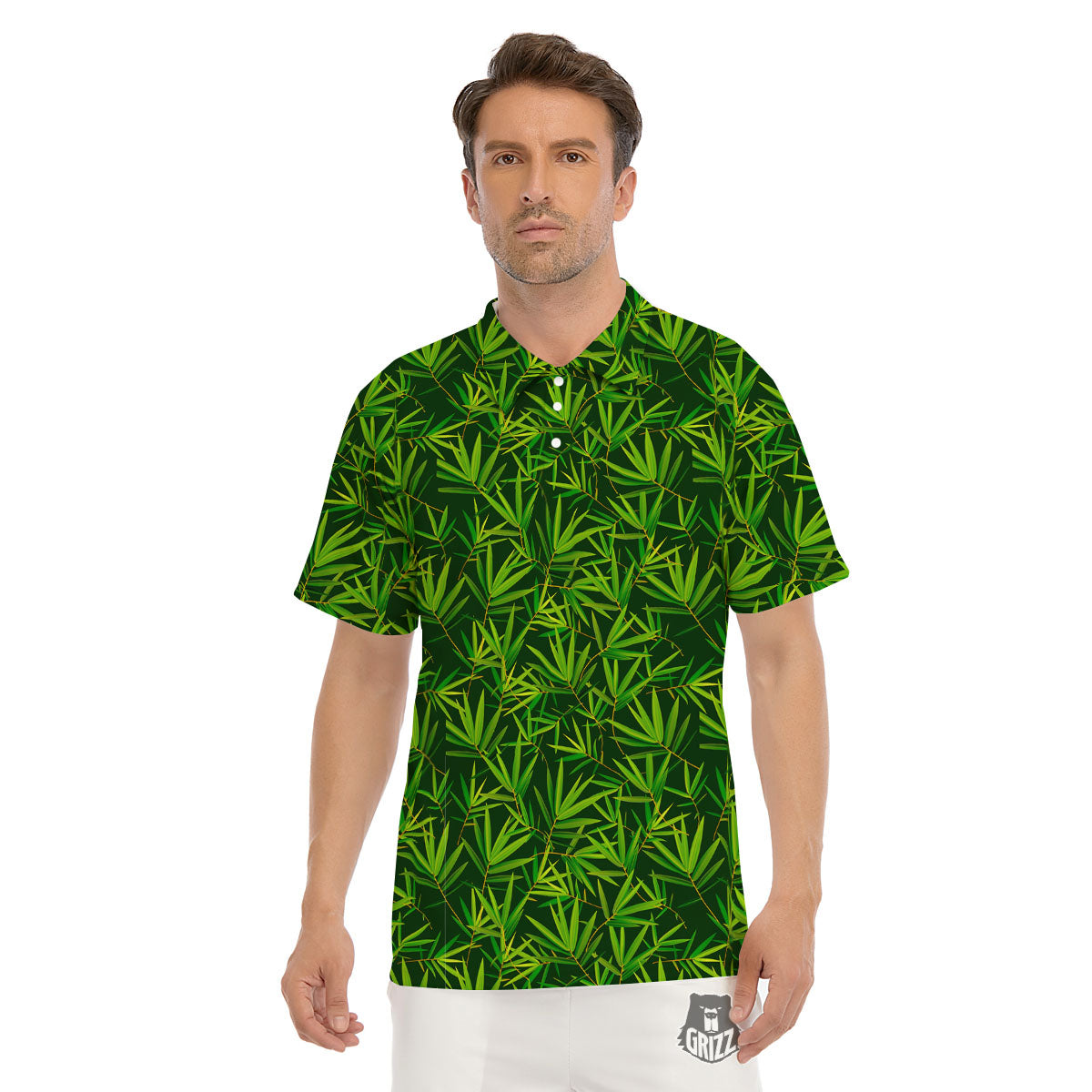 Bamboo Leaf Green Print Pattern Men's Golf Shirts-grizzshop