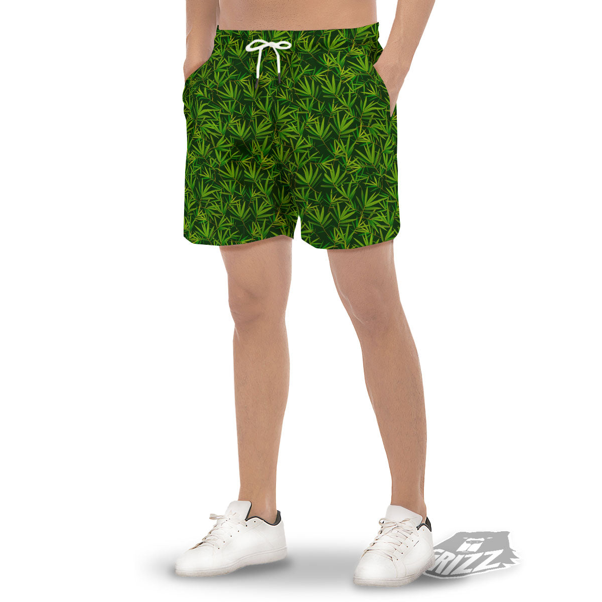Bamboo Leaf Green Print Pattern Men's Gym Shorts-grizzshop