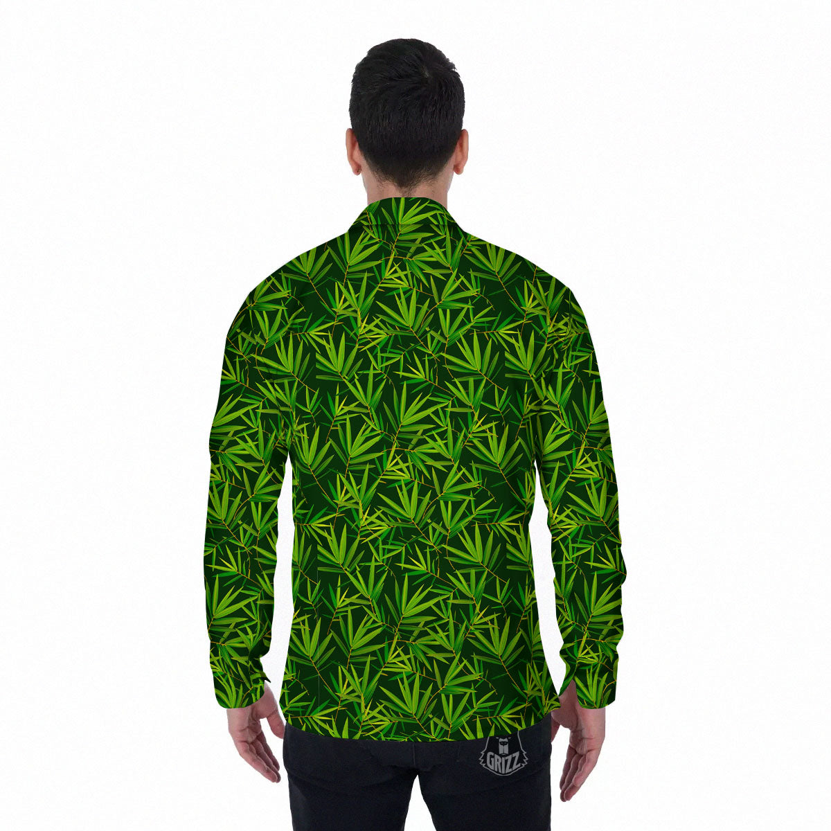 Bamboo Leaf Green Print Pattern Men's Long Sleeve Shirts-grizzshop