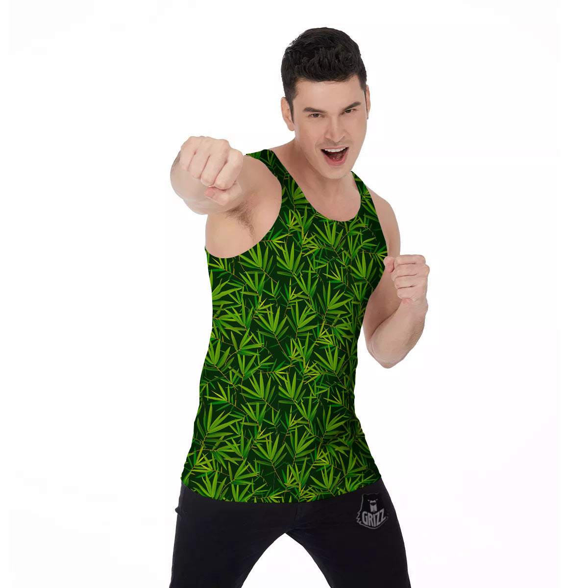 Bamboo Leaf Green Print Pattern Men's Tank Top-grizzshop