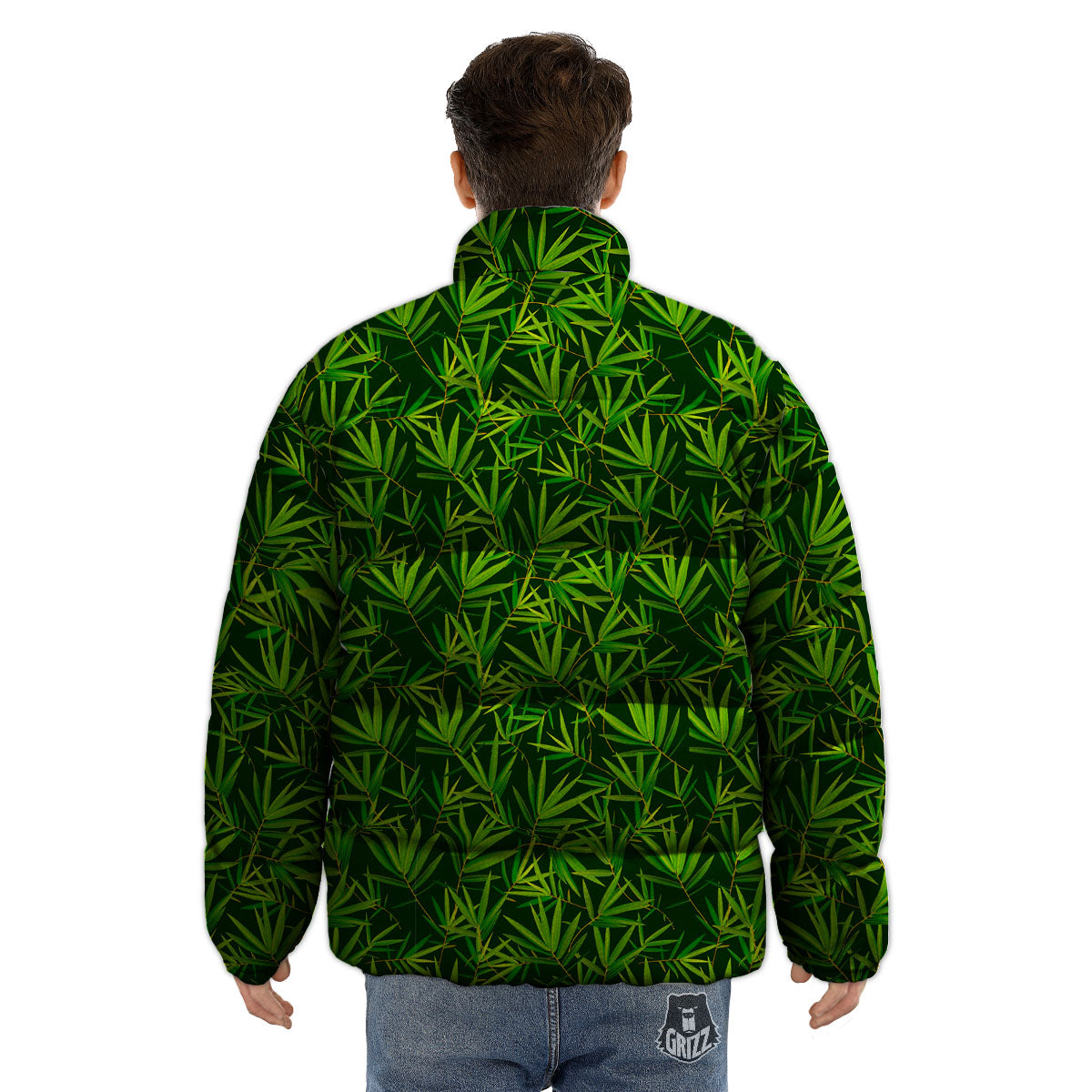 Bamboo Leaf Green Print Pattern Puffer Jacket-grizzshop