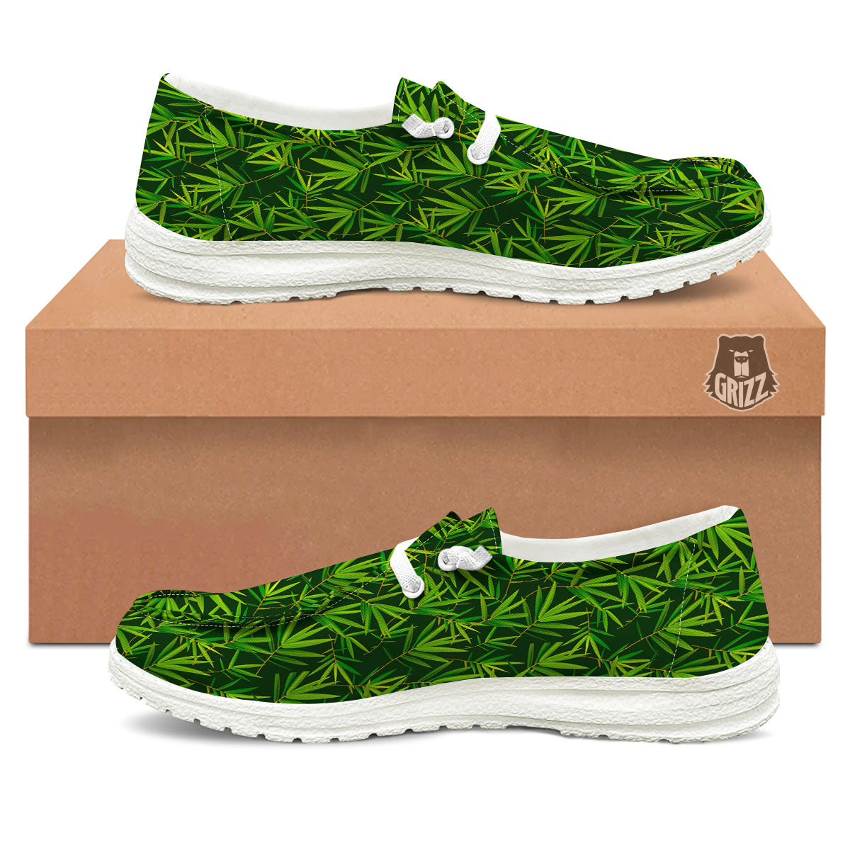 Bamboo Leaf Green Print Pattern White Loafers-grizzshop