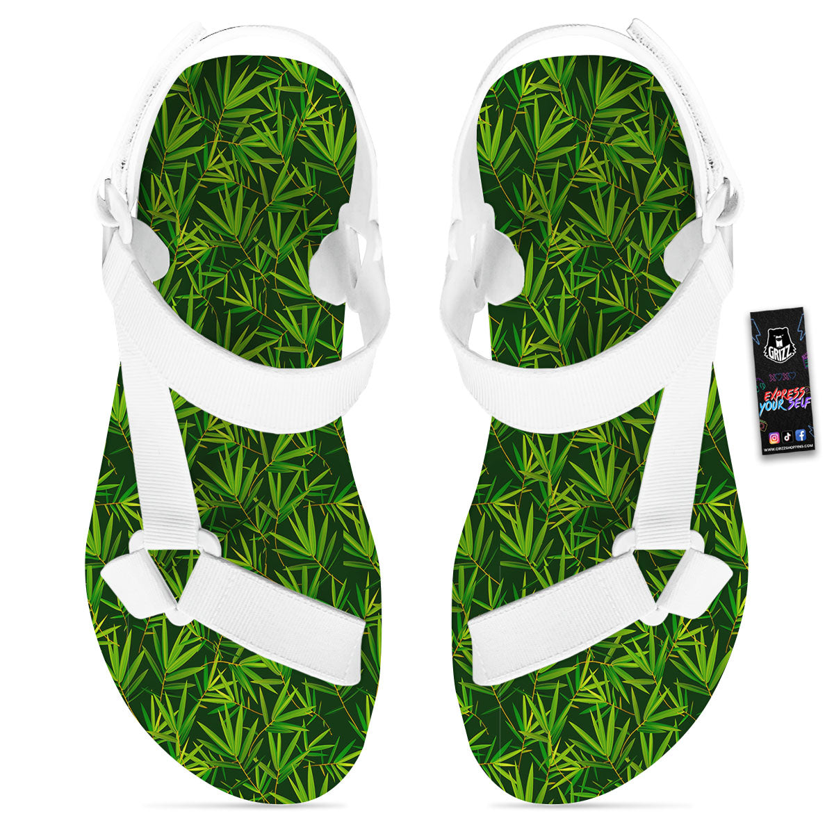 Bamboo Leaf Green Print Pattern White Open Toe Sandals-grizzshop