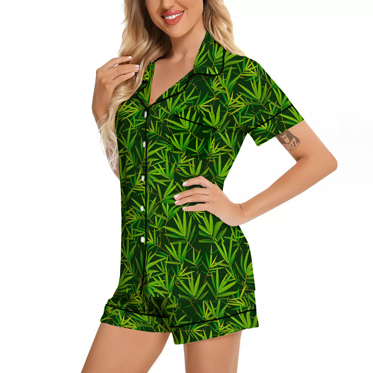 Bamboo Leaf Green Print Pattern Women Silk Pajamas-grizzshop
