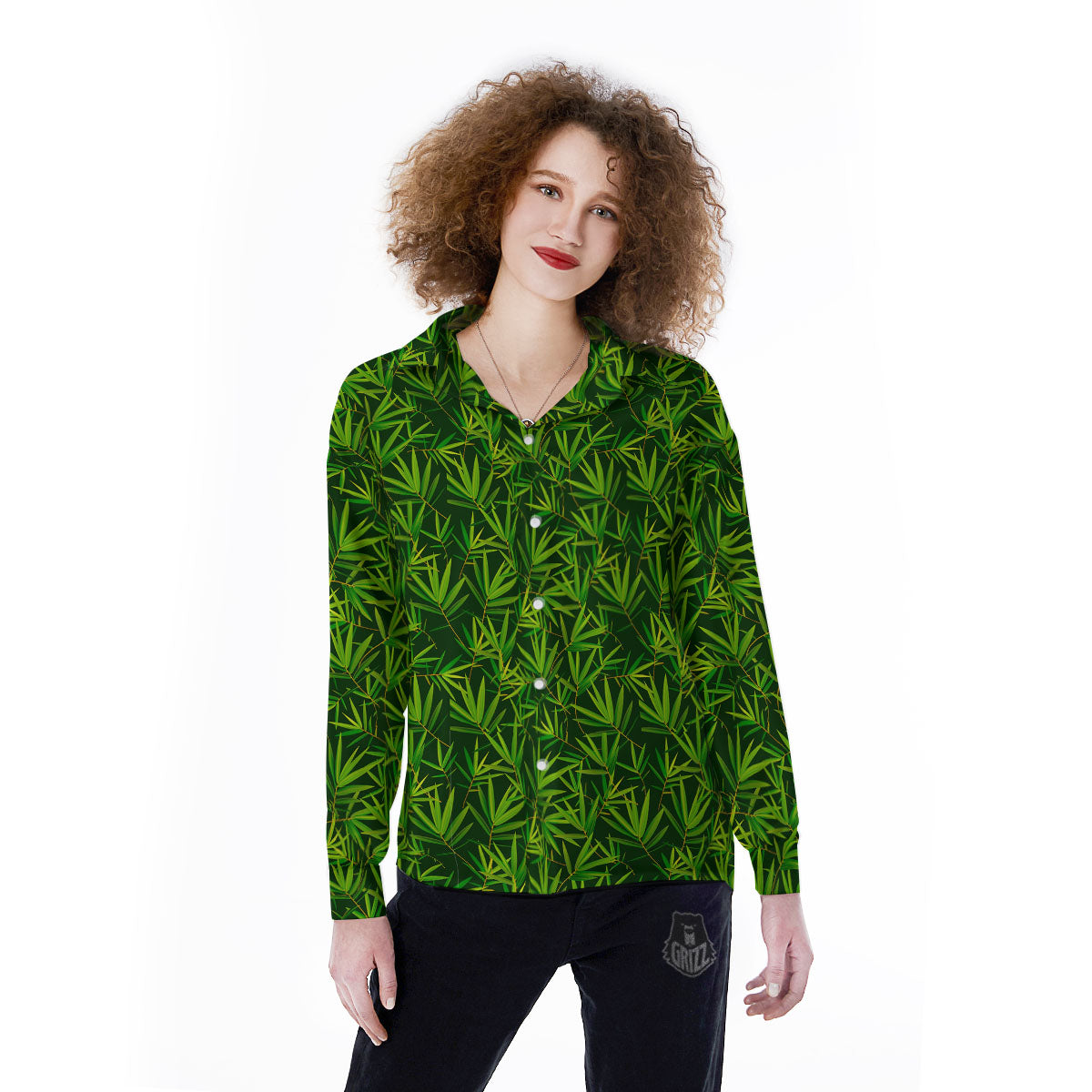 Bamboo Leaf Green Print Pattern Women's Long Sleeve Shirts-grizzshop