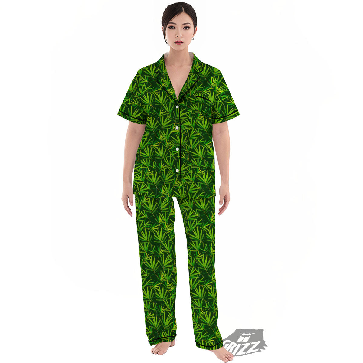 Bamboo Leaf Green Print Pattern Women's Pajamas Set-grizzshop