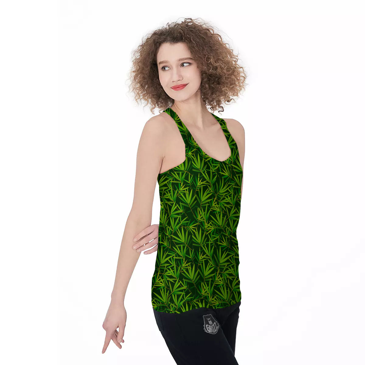Bamboo Leaf Green Print Pattern Women's Racerback Tank Top-grizzshop