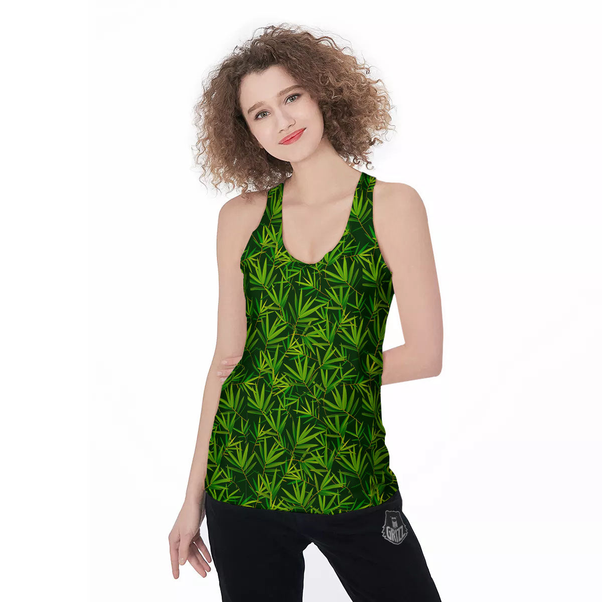 Bamboo Leaf Green Print Pattern Women's Racerback Tank Top-grizzshop