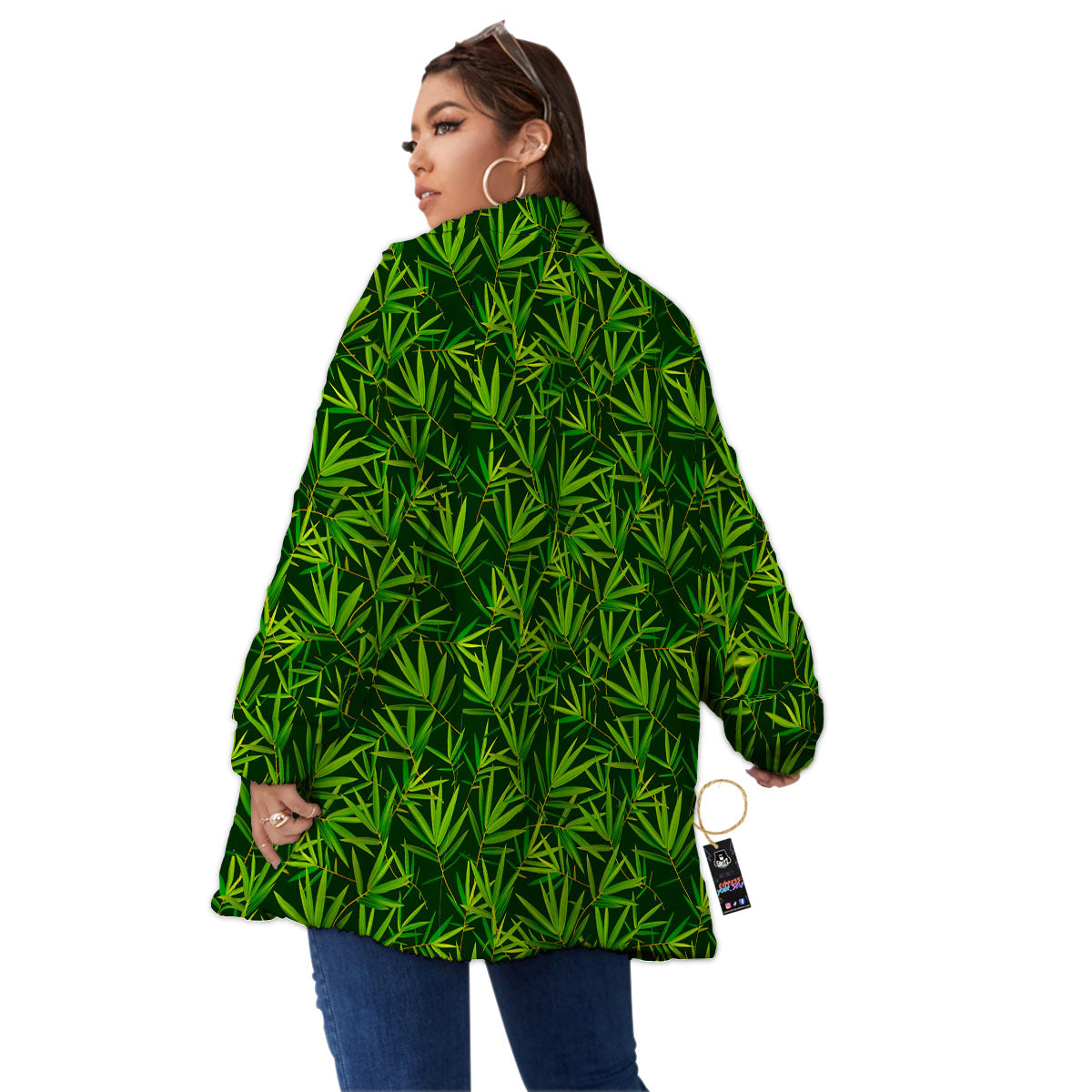 Bamboo Leaf Green Print Pattern Women's Sherpa Jacket-grizzshop