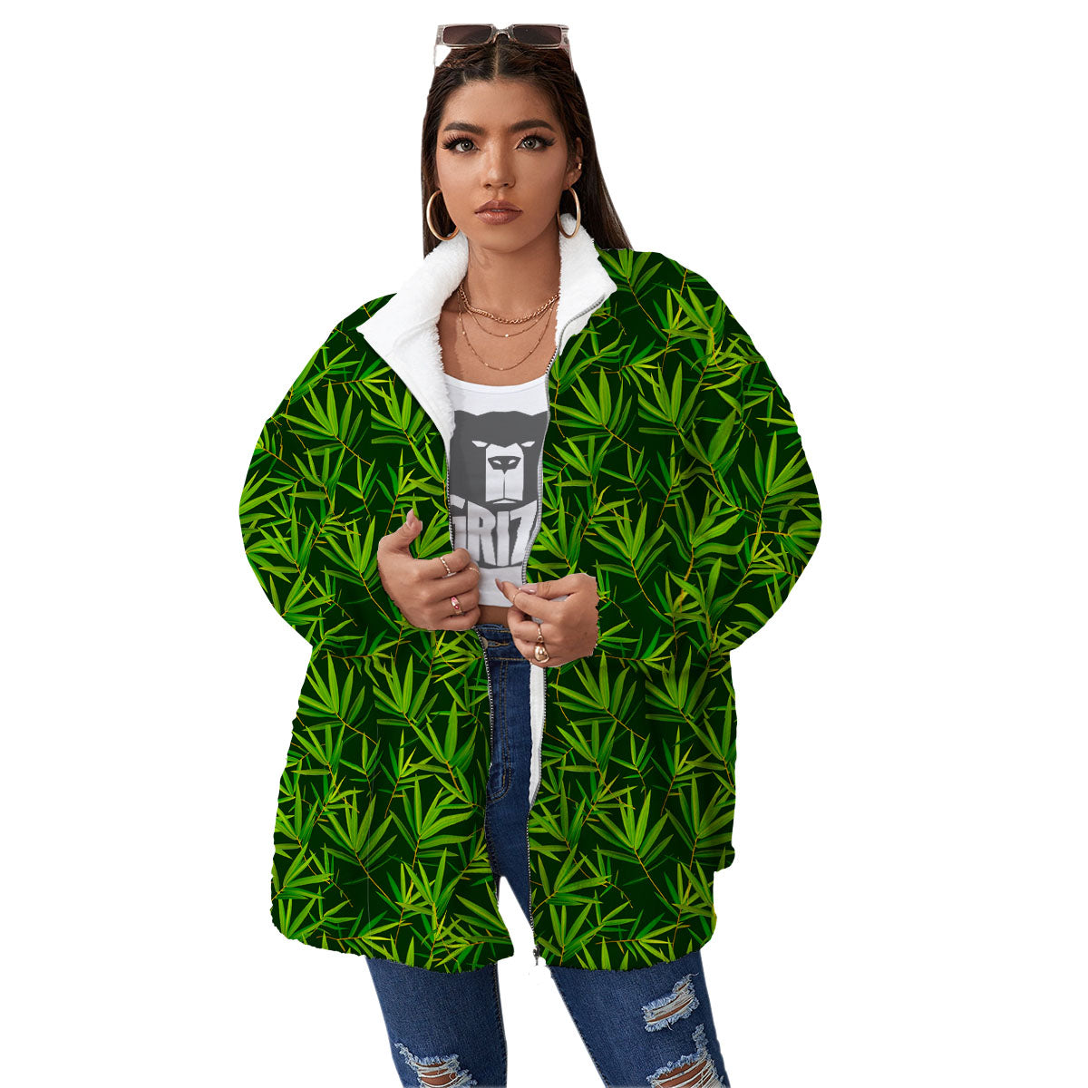 Bamboo Leaf Green Print Pattern Women's Sherpa Jacket-grizzshop