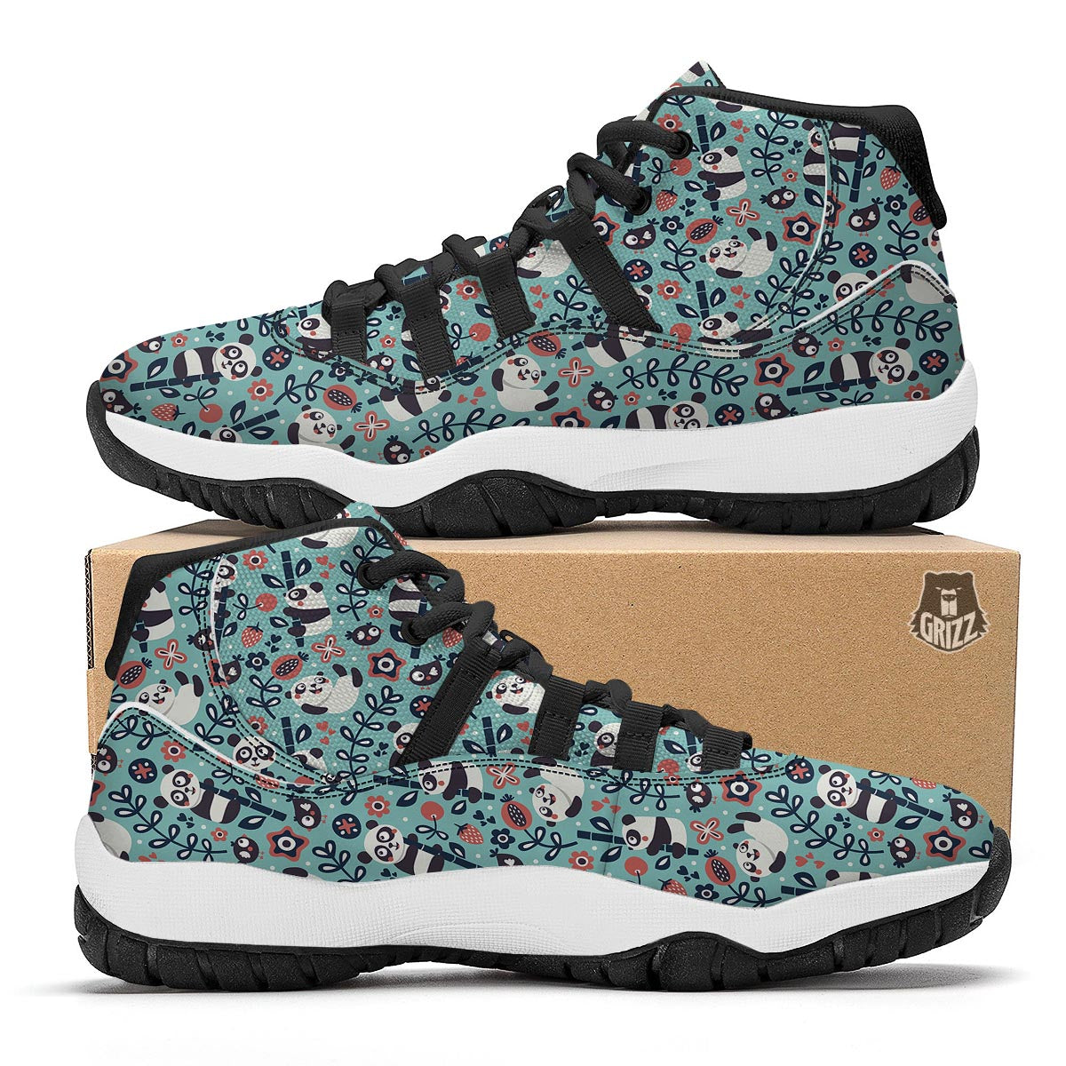 Bamboo Panda Pattern Print Black Bball Shoes-grizzshop