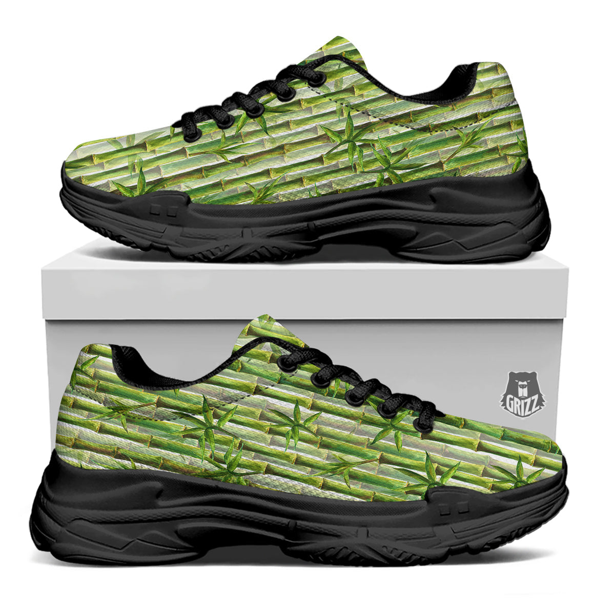 Bamboo Watercolor Print Pattern Black Chunky Shoes-grizzshop