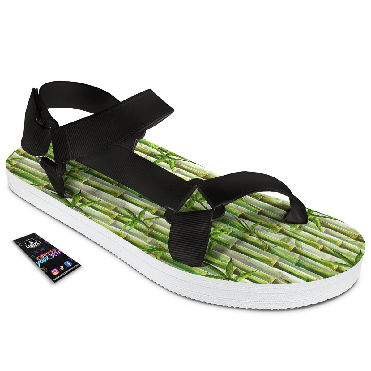 Bamboo Watercolor Print Pattern Black Open Toe Sandals-grizzshop