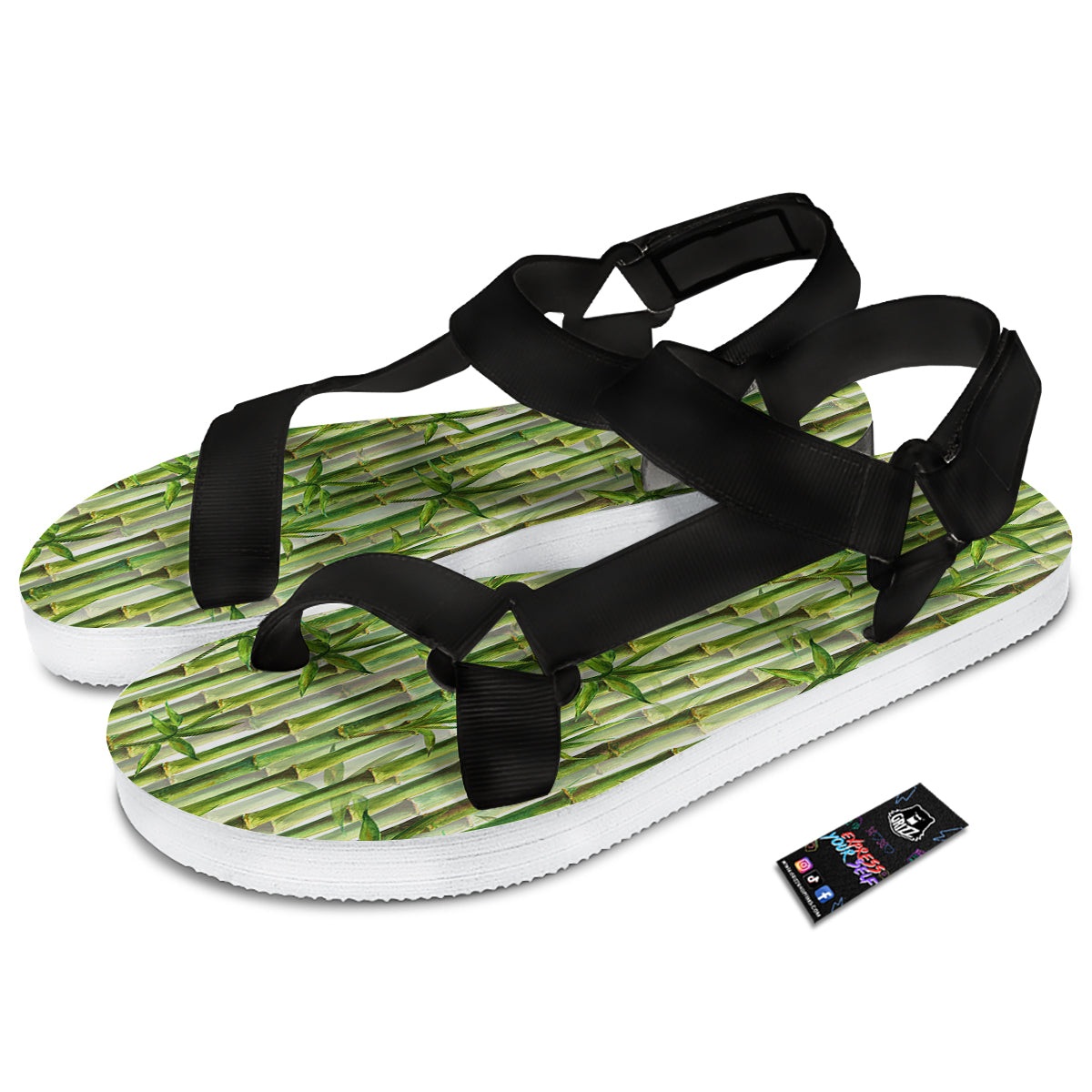 Bamboo Watercolor Print Pattern Black Open Toe Sandals-grizzshop