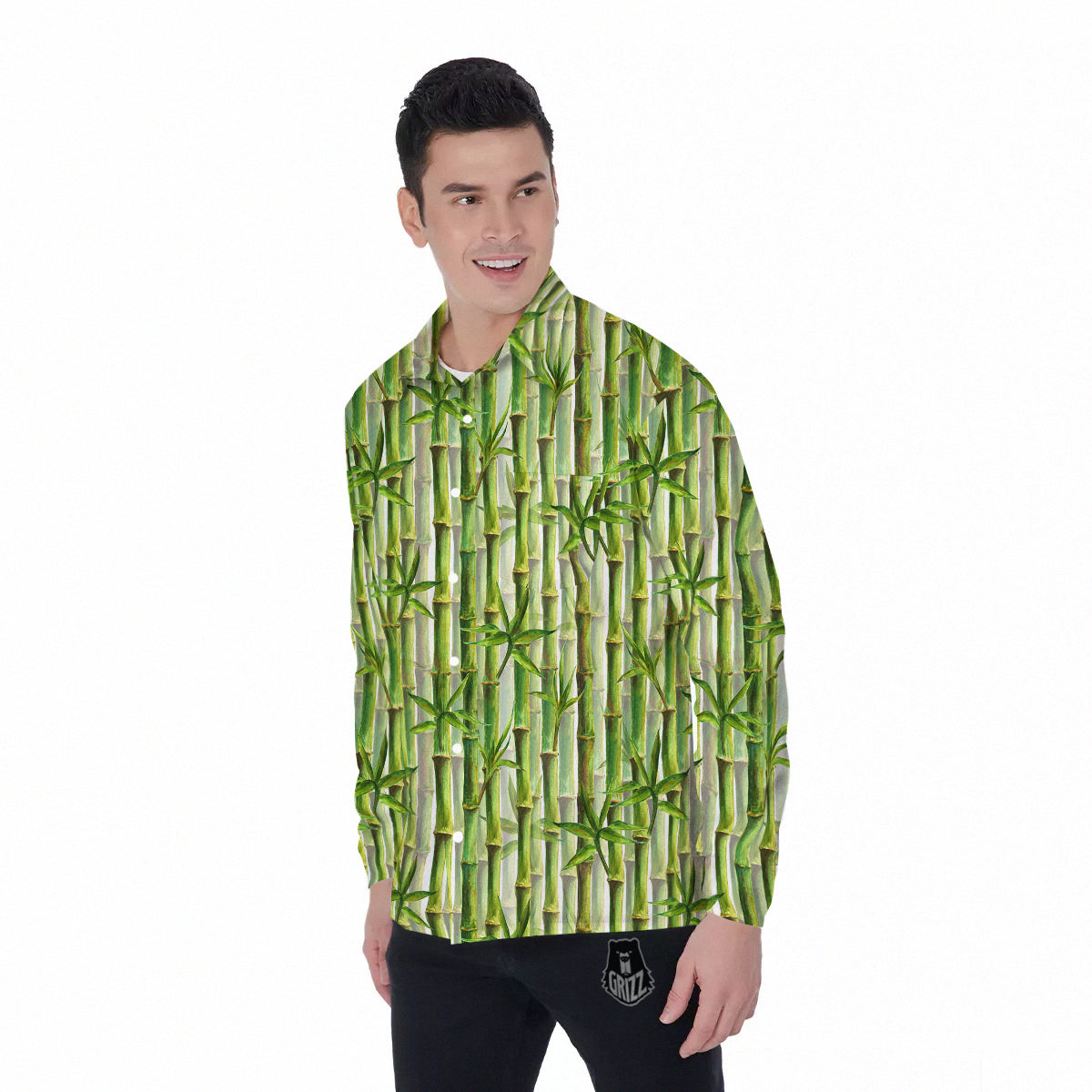Bamboo Watercolor Print Pattern Men's Long Sleeve Shirts-grizzshop