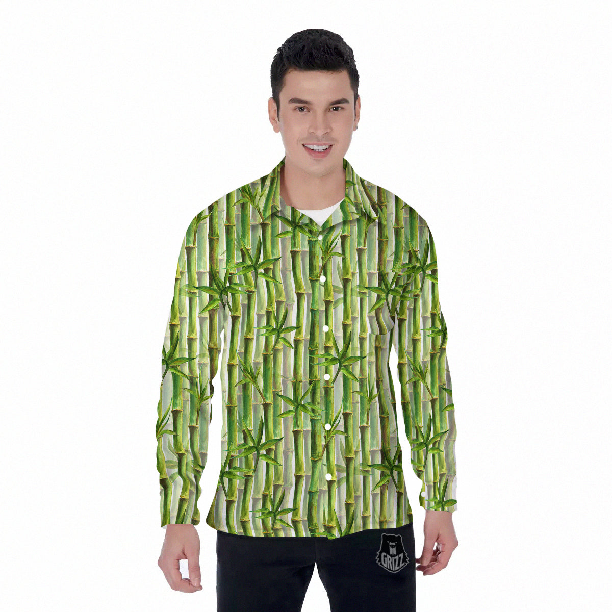 Bamboo Watercolor Print Pattern Men's Long Sleeve Shirts-grizzshop