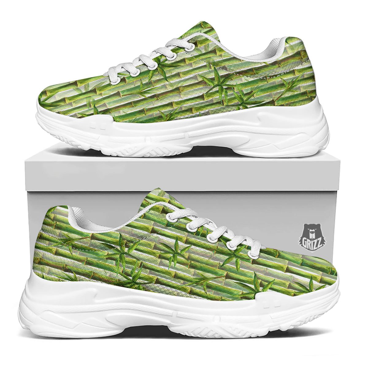 Bamboo Watercolor Print Pattern White Chunky Shoes-grizzshop