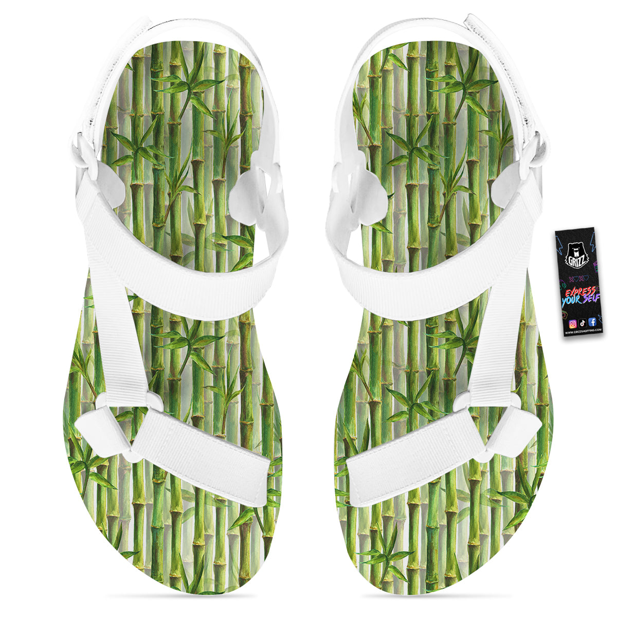 Bamboo Watercolor Print Pattern White Open Toe Sandals-grizzshop