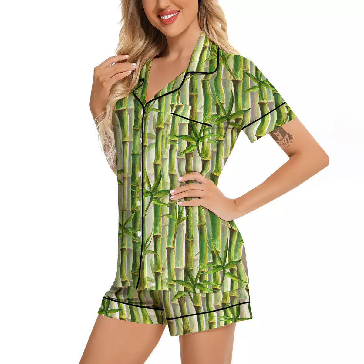 Bamboo Watercolor Print Pattern Women Silk Pajamas-grizzshop