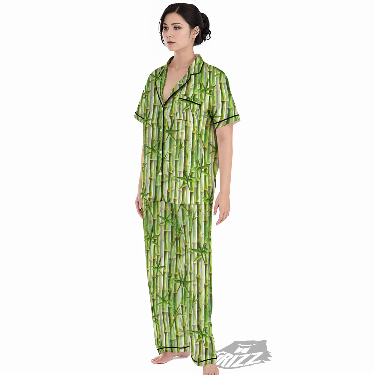 Bamboo Watercolor Print Pattern Women's Pajamas Set-grizzshop