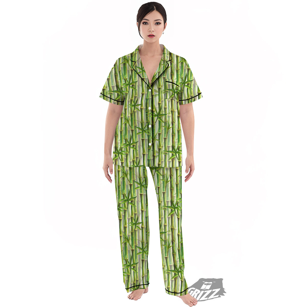 Bamboo Watercolor Print Pattern Women's Pajamas Set-grizzshop