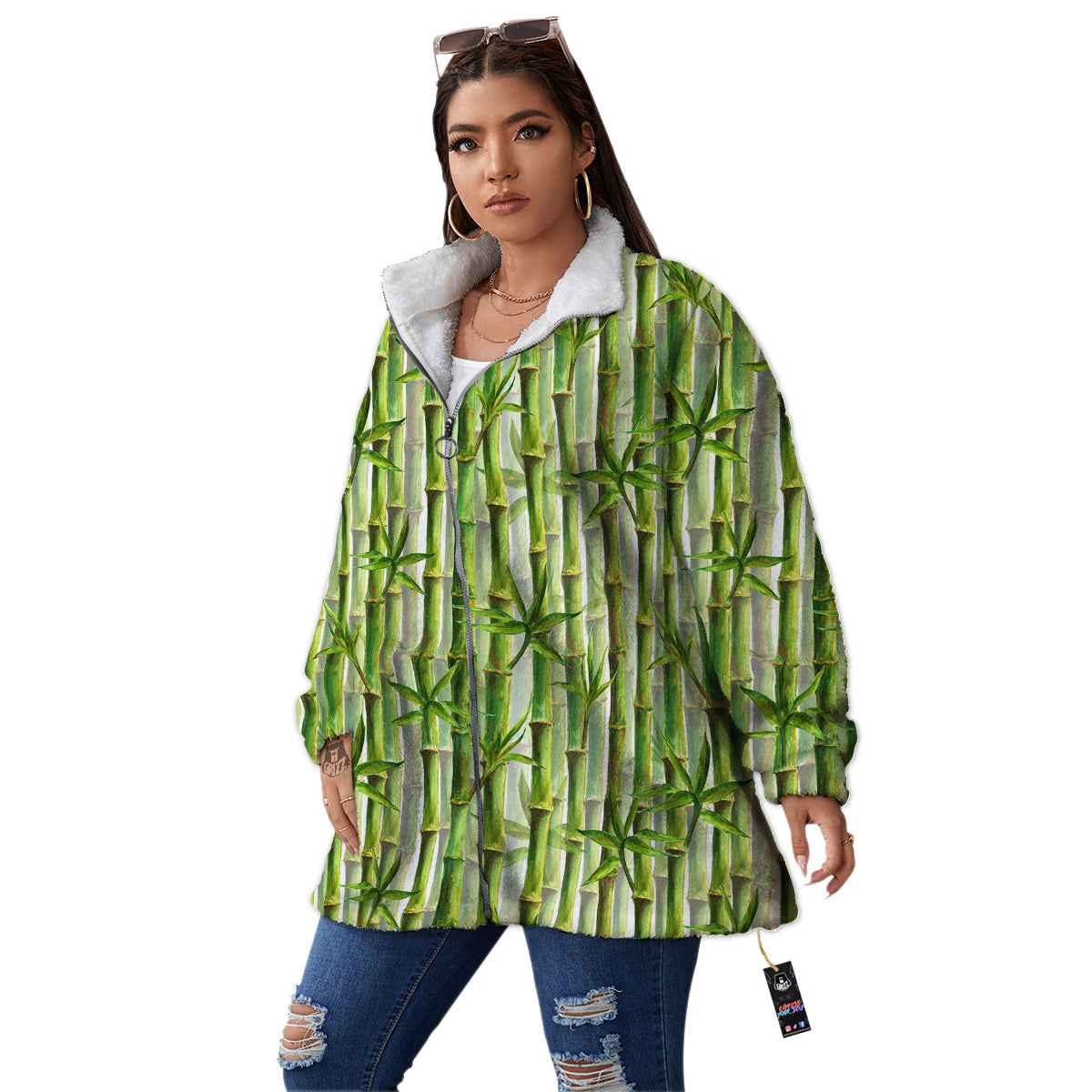 Bamboo Watercolor Print Pattern Women's Sherpa Jacket-grizzshop