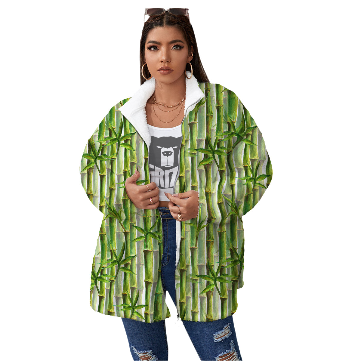 Bamboo Watercolor Print Pattern Women's Sherpa Jacket-grizzshop